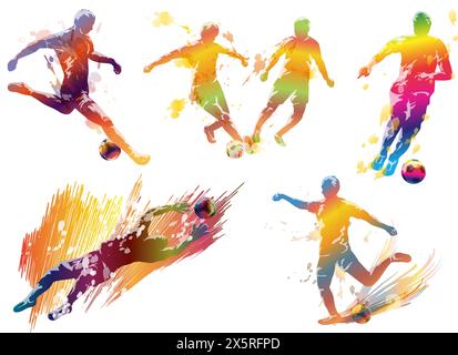 Fußballspieler Vektor Bunte Silhouette Illustration Set isoliert auf Einem weißen Hintergrund. Stock Vektor