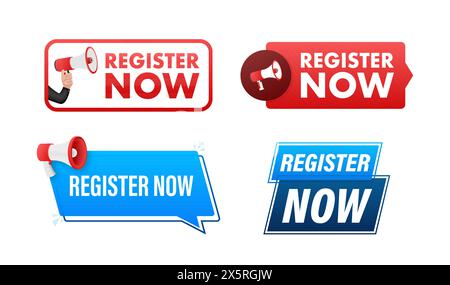 Jetzt registrieren Text mit Megaphone Label Set. Megaphon in Hand Werbebanner. Marketing und Werbung Stock Vektor