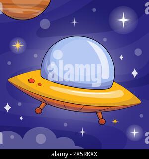 Niedliches Cartoon UFO. Vektorillustration eines Raumschiffs auf blauem Hintergrund mit Sternen und einem Planeten. Stock Vektor