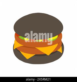 Burger mit Ketchup, Senf und Gurkenscheiben im flachen Cartoon-Stil. Dunkelschwarzes Brötchen und Doppelkotelett. Vektorillustration isoliert auf weiß Stock Vektor