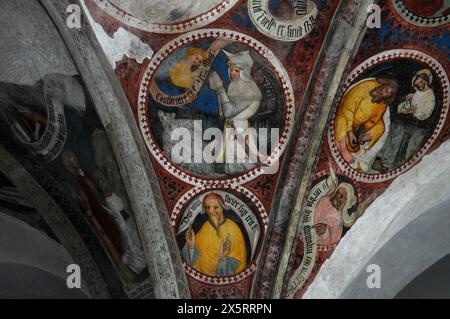 Rundungen in Fresken zwischen den Rippen des Deckengewölbes im Kreuzgang aus dem 12. Jahrhundert neben dem Dom von Santa Maria Assunta in Brixen in Südtirol, Trentino-Südtirol, Italien. Stockfoto