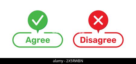 Tasten mit den richtigen und falschen Symbolen zustimmen und nicht zustimmen. Richtige und falsche Symbole mit den Schaltflächen „zustimmen“ und „nicht zustimmen“ in Grün und Rot. Stock Vektor