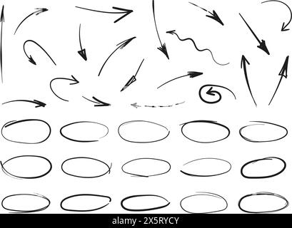 Kreislinien-Skizze und Pfeilsymbol in handgezeichneter Form. Zirkuläre Kritzelvektorillustration auf isoliertem Hintergrund. Bleistift- oder Bleistiftschild Stock Vektor