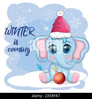 Niedlicher Cartoon-Elefant, kindische Figur mit wunderschönen Augen, weihnachtsmannmütze, Schal, Geschenk, weihnachtsball oder Zuckerrohr. Das Konzept des Stock Vektor