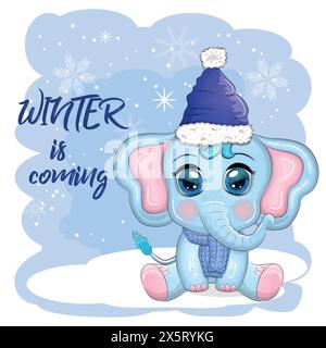 Niedlicher Cartoon-Elefant, kindische Figur mit wunderschönen Augen, weihnachtsmannmütze, Schal, Geschenk, weihnachtsball oder Zuckerrohr. Das Konzept des Stock Vektor