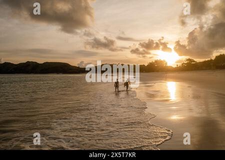 Indonesien, Lombok, Silhouette der Surfer, die bei Sonnenuntergang am Strand spazieren Stockfoto