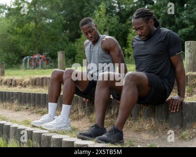 Zwei Männer machen Trizepsdips im Park Stockfoto