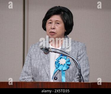 Tokio, Japan. Mai 2024. Der ehemalige Entführte Hitomi Soga spricht während der Kundgebung der Familien der von Nordkorea entführten Opfer in Tokio, Japan am Samstag, den 11. Mai 2024. Foto: Keizo Mori/UPI Credit: UPI/Alamy Live News Stockfoto