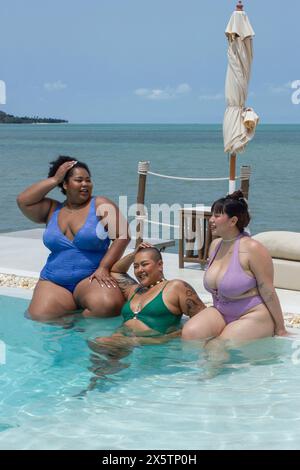 Gruppe von fröhlichen Frauen, die sich im Swimmingpool entspannen Stockfoto