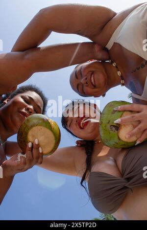 Unten sehen wir fröhliche Frauen, die Kokosnüsse umarmen und trinken Stockfoto