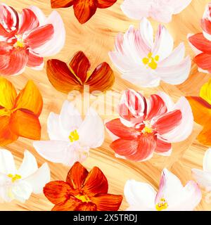 Nahtloses Muster abstrakter roter und weißer Blüten. Original handgezeichnet, Impressionismus Stil, Kunstmalerei, kreativer handgemalter Hintergrund, Pinsel te Stockfoto