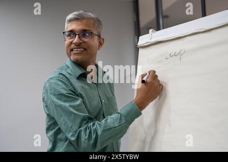Geschäftsmann schreibt Ideen auf Flipchart Stockfoto