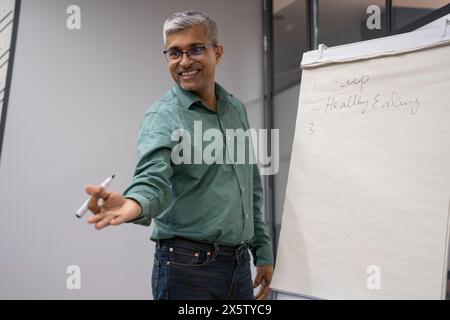 Geschäftsmann schreibt Ideen auf Flipchart Stockfoto