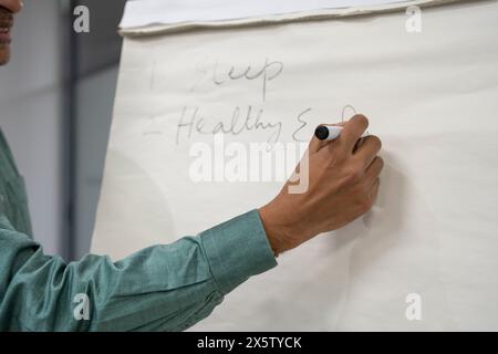 Geschäftsmann schreibt Ideen auf Flipchart Stockfoto