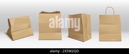 Bastelt braune Papiertüten. Realistische Vektor-Illustration Set von Imbiss- und Lebensmitteleinkaufspaket mit und ohne Griffe. Leere Lebensmittel Kraft p Stock Vektor