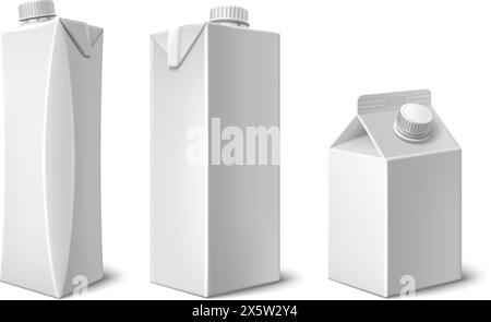 Milch- oder Saftpackung mit Verschluss. Realistisches 3D-Vektor-Modell-Set aus leeren weißen Kartonverpackungen mit Deckel für Getränke. Leerer Kartonbehälter für Liq Stock Vektor