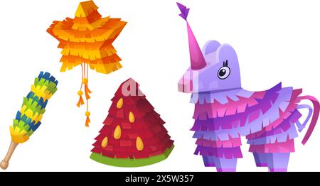 Mexikanische Pinata für Kinder Geburtstagsfeier Cartoon Vektor Icon. Holiday mexico Spiel mit lustigem Papierpferd und Süßigkeiten Grafik Set. Einhorn, Wassermelone Stock Vektor