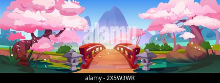 Japanischer Park mit rosa blühenden Sakura-Bäumen, Brücke über Teich oder Fluss, Berge im Hintergrund. Cartoon Vektor Frühlingslandschaft der Stadt Garten Wit Stock Vektor