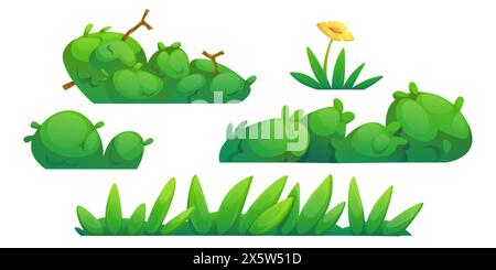 Gras, Büsche und Blumenränder. Zeichentrickvektor-Illustration Set von Frühling oder Sommer Feld und Garten Dekoration Elemente. Grüne Vegetation für Sprin Stock Vektor