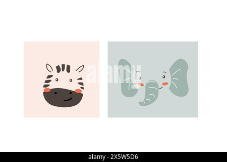 Afrikanische Tiere Gesichter Set. Niedliche Tierporträts mit Doodle. Handgezeichnete Zeichen. Tropische und Dschungel-Zeichentrickköpfe von Elefanten und Zebras. Wilde Exotik p Stock Vektor