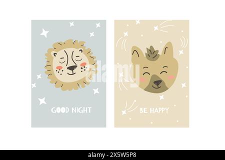 African animals faces posters. Cute kids posters for nursery interior. Can used for greeting cards. Lion and hyena cartoon characters. Stock Vektor