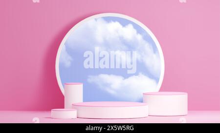 Zylinder Produkt Podium Stufen Modell mit Wolken auf Himmel in runden Spiegel auf pastellrosa Studio Raum Hintergrund. Realistische 3D-Vektor-Anzeigeplattform te Stock Vektor