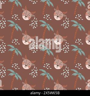 Wilde afrikanische Safaritiere im trendigen skandinavischen Stil. Niedliches kindliches Muster mit Tierporträts im tropischen Dschungel. Stock Vektor