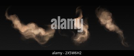 Braune Staubwolken isoliert auf transparentem Hintergrund. Vektor realistische Illustration des Wüstensandsturm-Effekts, schmutzige Rauchexplosion mit Schlammparität Stock Vektor