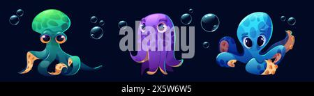 Niedliche kindische Kraken-Zeichentrickfigur, die mit Blasen unter Wasser schwimmt. Zeichentrickvektor-Illustration Set von Marine oder Aquarium entzückende freundliche Anim Stock Vektor
