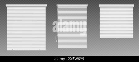Jalousie für Fenster- oder Eingangstüren. Realistische 3D-Vektor-Illustration Set von verschiedenen Arten von Jalousie - Metall, Kunststoff und Stoff s Stock Vektor
