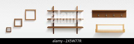 3D-Satz Holzregale isoliert auf transparentem Hintergrund. Realistische Vektor-Illustration von leeren dekorativen quadratischen Rahmen, Wandregal, Aufhänger mit Stock Vektor