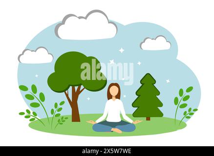 Frau, die in der Natur meditiert. Frau, die in Lotusposition sitzt Stock Vektor