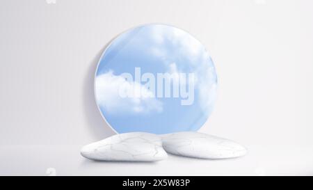 Podium-Modell aus Stein mit kreisförmiger Form und Wolken am blauen Himmel. Marmorplattform aus Naturwaren im weißen Studiozimmer. Realistischer 3D-Vektor Stock Vektor