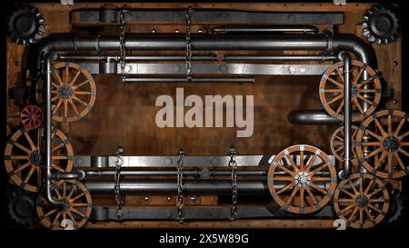 Ein komplizierter Steampunk-Rahmen mit Zahnrädern, Rädern, Uhrwerken und Nieten, vor einer rustikalen Holzkulisse Stockfoto