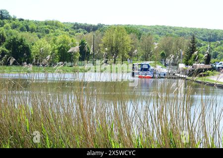 Yachten auf dem Sarre-Kanal in Frankreich Stockfoto