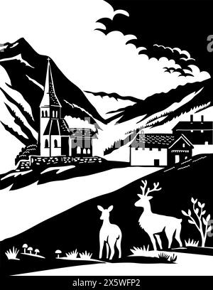 Schweizer Scherenschnitte oder Scherenschnitt Illustration der Silhouette von Hirschen im Naturpark Beverin im Kanton Graubünden in Papierschnitt oder Stock Vektor