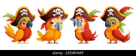 Set von Zeichentrickfilmen Piratenvögeln in einem Schiffskapitänmütze. Ein süßer und heller Papagei in einem großen Piratenhut. Vektorabbildung. Stock Vektor