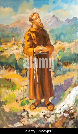 Titel: MAILAND, ITALIEN - 6. MÄRZ 2024: Gemälde des hl. Franz von Assisi in der Kirche Chiesa del Sacro Cuore. Stockfoto