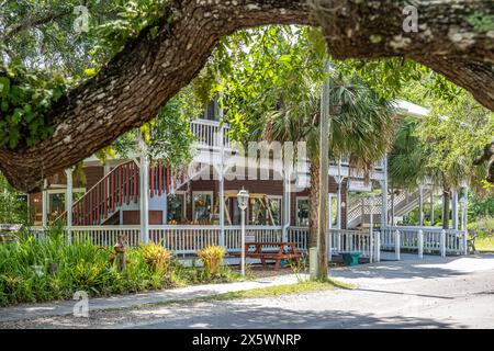 Das Shady Oak Gebäude mit lokaler Kunsthandwerksgalerie, Café und Eisdiele im historischen Stadtzentrum von Micanopy, Florida. (USA) Stockfoto