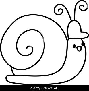 Vektorschwarz-weiße Schnecke im Schutzhelm. Baustellenarbeiter Strichzeichnung oder Ausmalseite für Kinder. Lustiger Baumeister-Insektencharakter. Niedliches A Stock Vektor
