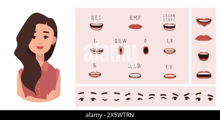 Business Office Frau Avatar Erstellung geeignet für Animation. Generator, Konstrukteur verschiedener Augen, Lippen, Emotionsausdrücke Mundanimation und li Stock Vektor
