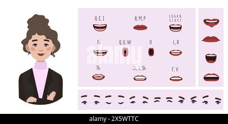 Business Office Frau Avatar Erstellung geeignet für Animation. Generator, Konstrukteur verschiedener Augen, Lippen, Emotionsausdrücke Mundanimation und li Stock Vektor