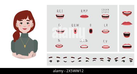 Business Office Frau Avatar Erstellung geeignet für Animation. Generator, Konstrukteur verschiedener Augen, Lippen, Emotionsausdrücke Mundanimation und li Stock Vektor