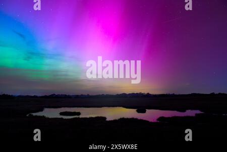 Die Nordlichter spiegeln sich in einem kleinen Wasserloch auf Canada Common im New Forest England hampshire während des G5-Sonnensturms. Stockfoto