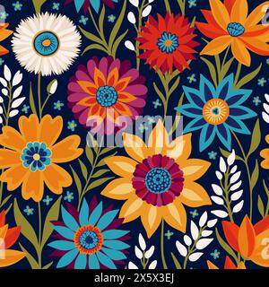 Florale nahtlose Zufallsmuster mit Coloful Fantasy Blumen im böhmischen Stil, lebendiger Hintergrund, ideal für Textilien, Oberflächen, Tapeten, Geschenkpapier, Stoffe, Dekorationen. Stock Vektor