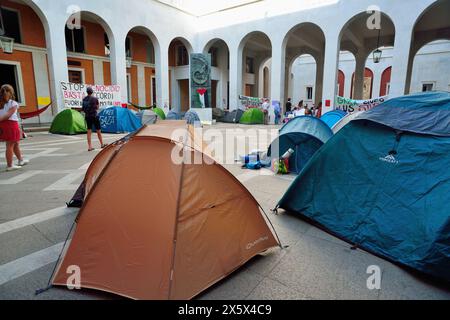 Padua, Italien, 11. Mai 2024. Künstler für Frieden. Mehrere paduanische Künstler treten in einer Straßenshow auf, um die Bürger gegen den Krieg zu sensibilisieren. Die Performances finden vor dem Rathaus und dem Universitätssitz statt, dessen Innenhof von Studentenzelten besetzt ist, um gegen den Völkermord in Gaza zu protestieren. Credits : Ferdinando Piezzi/Alamy Live News Stockfoto