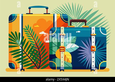 Isolierte Koffer mit tropischen Palmblättern. Reisegepäck bereit für den Urlaub. Konzept von Urlaub, Reiseausrüstung, tropisches Ziel, Reise. Diagramm Stock Vektor