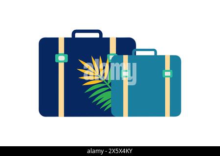 Isolierte Koffer mit tropischen Palmblättern. Reisegepäck bereit für den Urlaub. Konzept von Urlaub, Reiseausrüstung, tropisches Ziel, Reise. Diagramm Stock Vektor