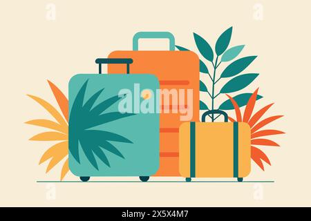 Isolierte Koffer mit tropischen Palmblättern. Reisegepäck bereit für den Urlaub. Konzept von Urlaub, Reiseausrüstung, tropisches Ziel, Reise. Diagramm Stock Vektor