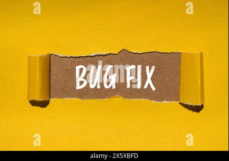 Fehlerbehebungsworte auf gerissenem gelbem Papier mit braunem Hintergrund. Symbol für konzeptionelle Fehlerbehebungen. Kopierbereich. Stockfoto